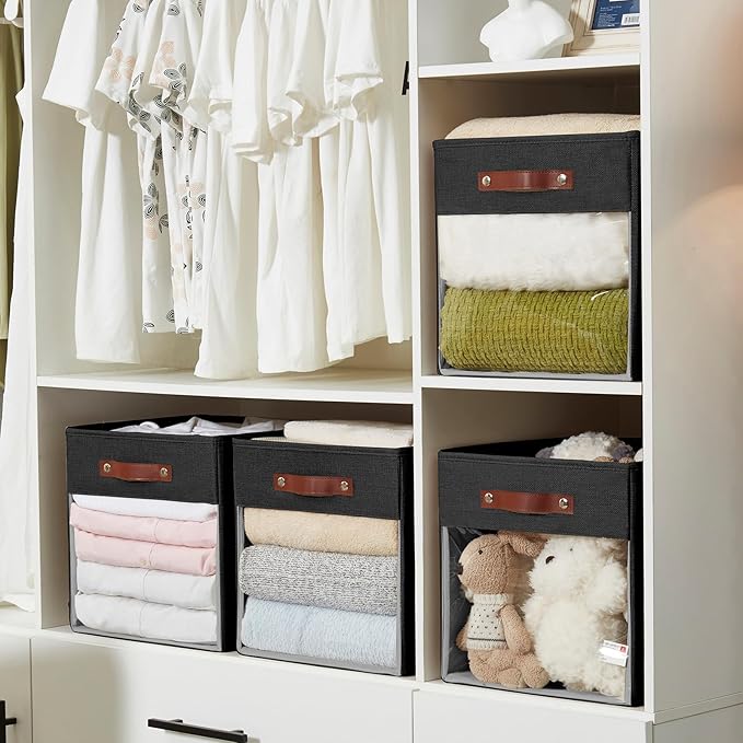 Storage Cube Organizer with Clear Window, Linen Collapsible Storage Boxes with PU Handles, Cube Storage Bins for Shelf, Closet, Cabinet, Bookcase (13x13x13, Black)-NeatNest