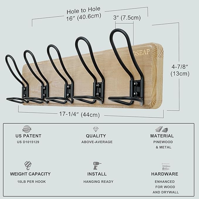 Dseap Coat Rack Wall Mounted - Heavy Duty Farmhouse Rustic Wall Coat Hanger With 5 Wire Hooks for Clothes Hat Jacket Towel, RusticWire, G25A, Weathered Brown & Black-NeatNest