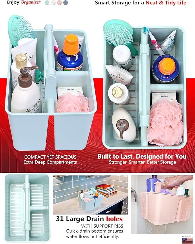 Shower Caddy Organizer with Handle, 3 Compartments, Portable Storage Bin for Bathroom, Dorm, Gym -Made In USA (Mint)