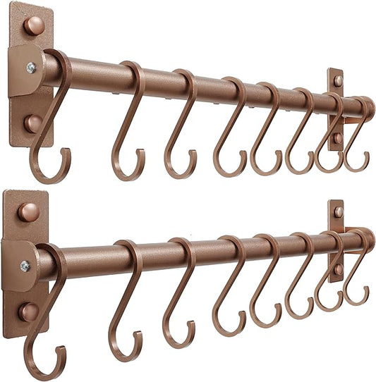 Dseap Kitchen Utensil Holder Hanger, Pot and Pan Rack Wall Mounted, Kitchen Rail with 8 Hooks for Hanging Cooking Utensils, Mugs, Spoons, Wall Mounted, Antique Copper, Pack of 2-NeatNest