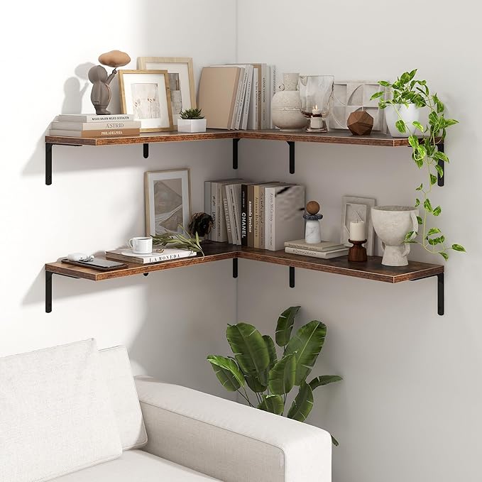 Fun Memories Deep Floating Shelves, 32W x 8D Floating Shelves Set of 2, Wall Mounted Shelf with Metal Brackets, Rustic Wood Wall Shelf for Bathroom, Kitchen and Living Room, Rustic Brown-NeatNest