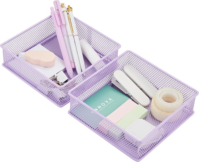 Annova Mesh Stackable Drawer Cabinet and Shelf Organizer Bins Storage Basket School Office Supply Holder Tray- Set of 2 (Light Purple, 6x6x2 Inch)-NeatNest