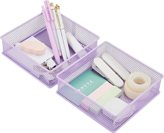 Annova Mesh Stackable Drawer Cabinet and Shelf Organizer Bins Storage Basket School Office Supply Holder Tray- Set of 2 (Light Purple, 6x6x2 Inch)-NeatNest