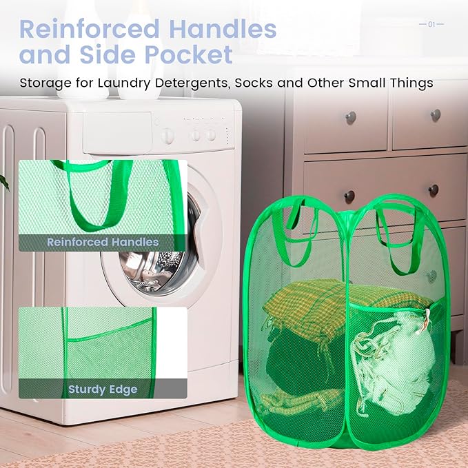 HOUSE AGAIN 2 Pcs Pop Up Laundry Hamper, Strong Mesh Laundry Baskets Collapsible, Hamper with Handles and Side Pocket, Portable Foldable Dirty Clothes for Dorm, Laundry room and Travel Storage, Grey-NeatNest