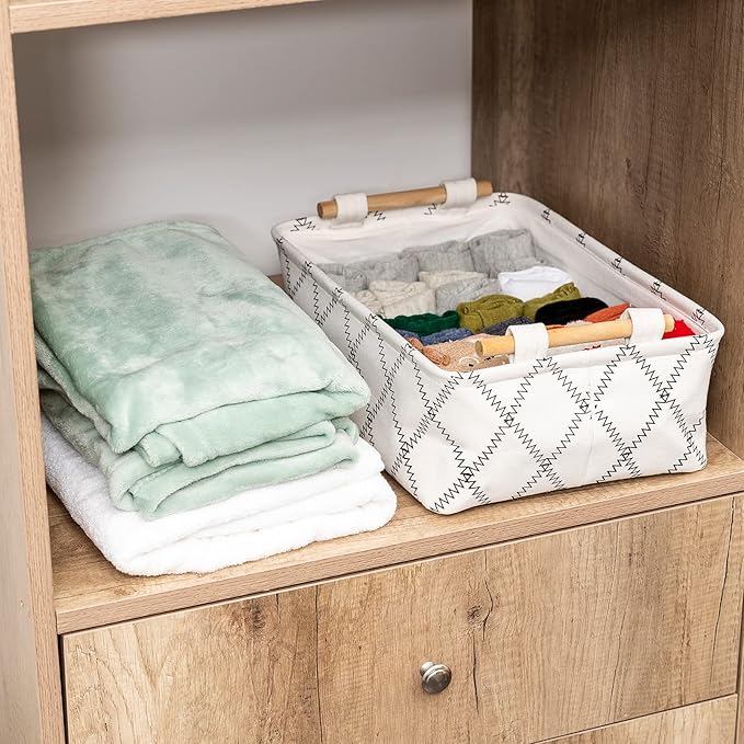 Decorative Collapsible Rectangular Fabric Storage Bin Organizer Basket with Wooden Handles for Clothes Storage,15.4x10.6x5.1 inch,White-NeatNest