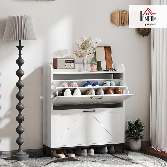 HOMCOM Shoe Storage Cabinet with 2 Flip Drawers, Legs, Farmhouse Freestanding Narrow Shoe Cabinet, Slim Hidden Rack Organizer for Entryway, Hallway, White Wood Grain-NeatNest