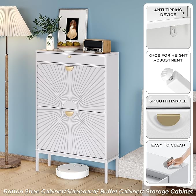 Brafab Shoe Storage Cabinet with 2 Flip Drawers&1 Small Drawer, Slim Entryway Shoe Organizer with Sun Pattern Doors for Leather Shoes,Pure White-NeatNest