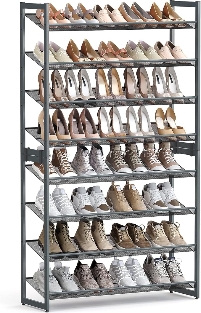 SONGMICS Shoe Rack, 8-Tier Shoe Organizer, Metal Rack for Garage, Set of 2, 4-Tier Stackable Shelf, with Adjustable Flat or Angled Shelves, 32-40 Pairs, Charcoal Gray ULMR08GB-NeatNest
