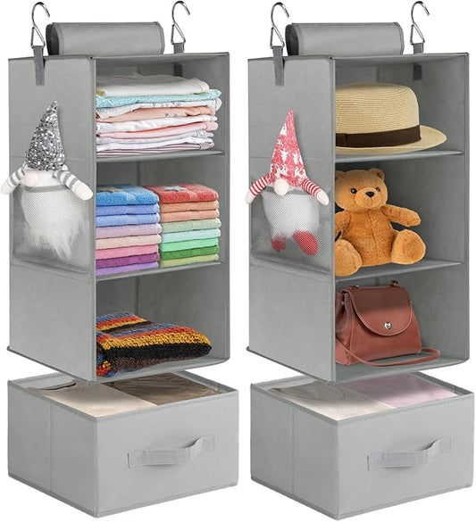 punemi 3-Shelf Hanging Closet Organizer, 2 Pack Closet Hanging Organizer with Drawers, Foldable Hanging Closet Shelves for Rv, Camper, Locker, 22.8" D x 11" W x 11" H, Grey-NeatNest