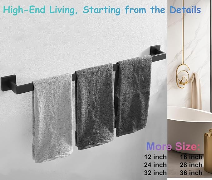 32 Inch Towel Bar for Bathroom 12/16/24/28/32/36 Inch Kitchen Towel Holder Brushed Nickel Towel Rod Wall Mounted SUS304 Rustproof Towel Rack Modern Square Design (1, Matte Black, 32 Inch)