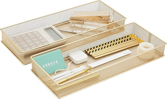 Annova Mesh Stackable Drawer Cabinet and Shelf Organizer Bins Storage Basket School Office Supply Holder Tray- Set of 2 (Gold, 6x15x2 Inch)-NeatNest