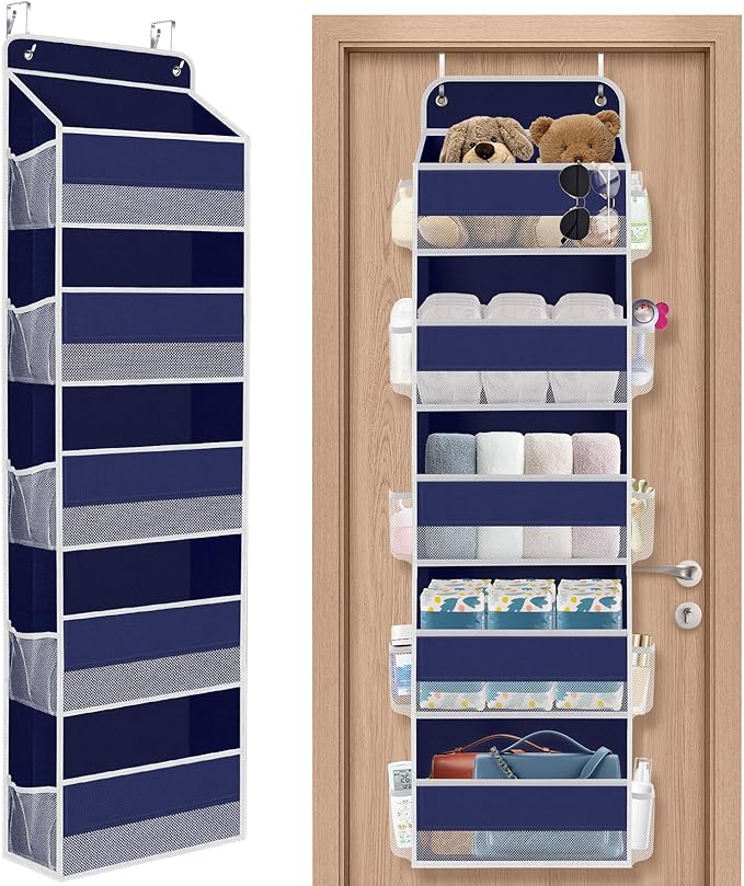 1 Pack Over The Door Organizer, Hanging Storage Organizer with Clear Window, 40lb Ultra Sturdy Large Capacity Room Organizer for Pantry Laundry Bathroom Nursery Closet (Blue)-NeatNest