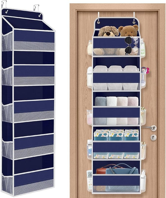 1 Pack Over The Door Organizer, Hanging Storage Organizer with Clear Window, 40lb Ultra Sturdy Large Capacity Room Organizer for Pantry Laundry Bathroom Nursery Closet (Blue)-NeatNest