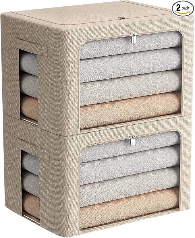 2 Pack Clothes Storage Bins Stackable Metal Frame Storage Box Foldable Linen Fabric Box Organizer with Carrying Handles and Clear Window (Beige, 15.7x 11.8x 11.7 Inch)-NeatNest