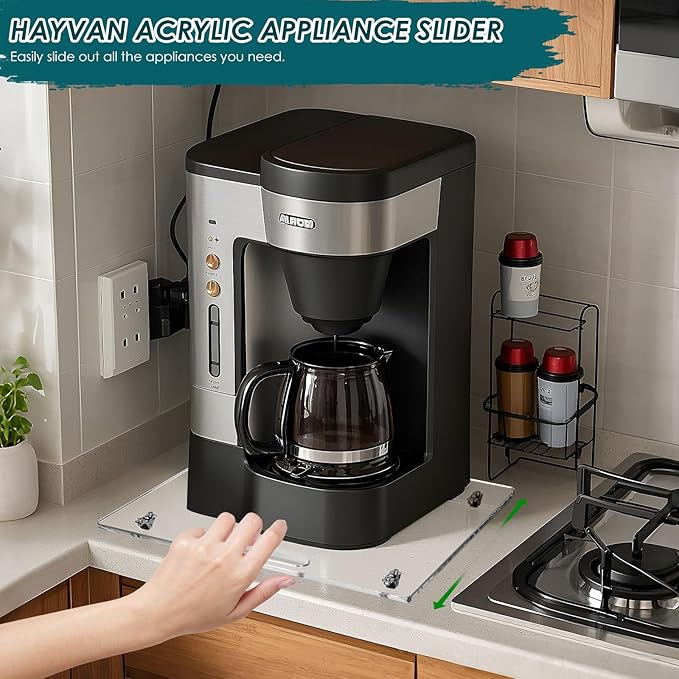 HAYVAN Acrylic Sliding Tray for Coffee Maker & Heavy Kitchen Appliances - Appliance Slider with Silent Wheels Slides Easily from Under The Cabinet - Countertop Space Save (Clear, 14” W x 13”D)