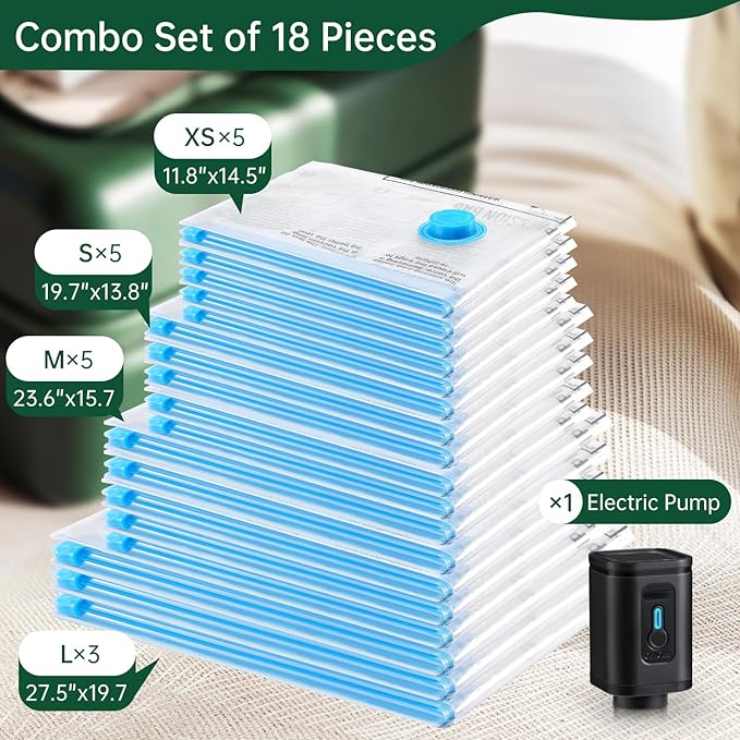 BRODI 18 Combo Pack Travel Vacuum Bags with Pump - Space Saver & Travel Essentials, Clothing & Luggage Vacuum Seal Bags-NeatNest