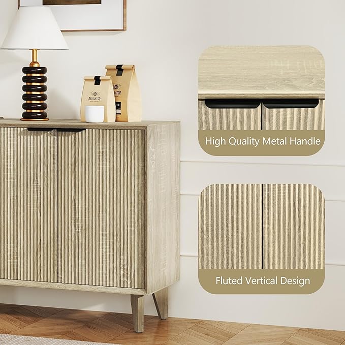 Fluted Cabinet with Storage, Buffet Sideborad with 4 Doors, Kitchen Buffet Storage Accent Cabinet with Adjustable Shelves for Living Room, Entry, Hallway, Natural