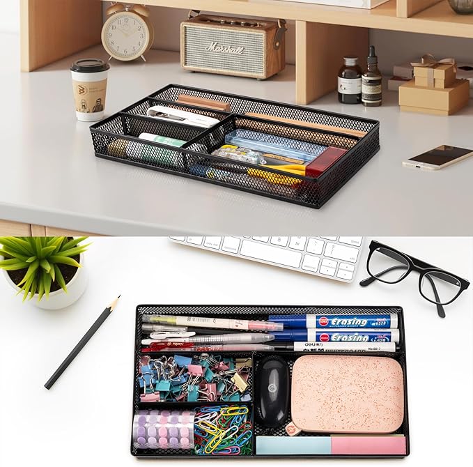 Desk Drawer Organizer Tray,Drawer Organizer for Office and Home,Desk Organizer with Drawers,4 Compartments,Non-Slip Desk Organizers and Accessories for Stationery Makeup School (Black)-NeatNest