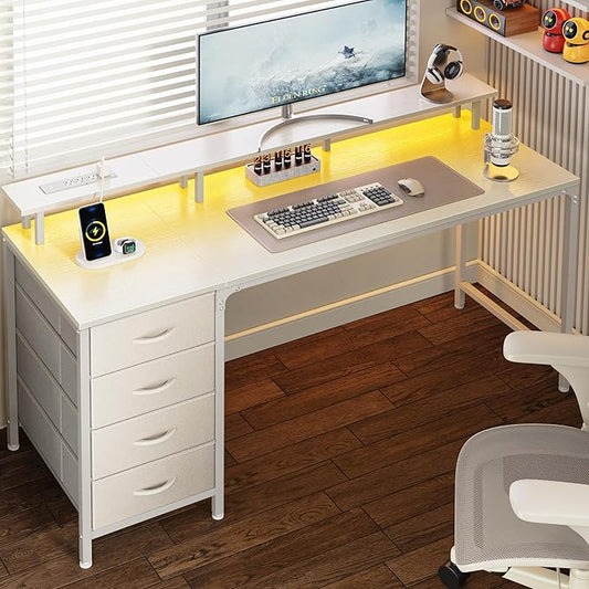 Huuger 55 Inch Computer Desk with Power Outlets and LED Lights, Gaming Desk with 4 Drawers, Office Desk with Monitor Stand, Study Work Home Office, White-NeatNest