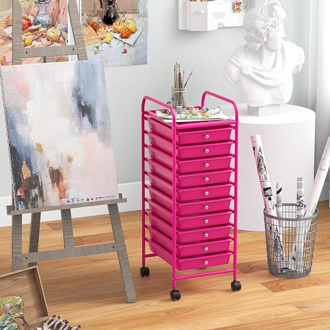 Giantex 10-Drawer Storage Cart w/Universal Wheel, Rolling Cart w/Handle, Home Organizer Storage Unit w/Removable Drawers, Trolley Utility Cart for Kitchen Makeup Living Room Office Play Room, Hot Pink