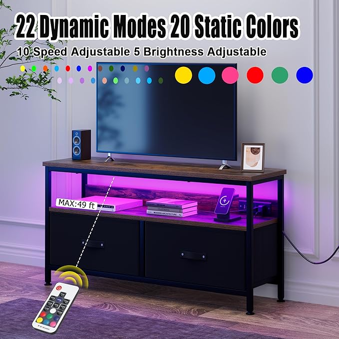 39" TV Stand for TVs up to 50", Media Console with Charging Station & LED Lights, 2 Drawer Storage Chest, Gaming Entertainment Center with Storage for Living Room, Brown, Medium-NeatNest