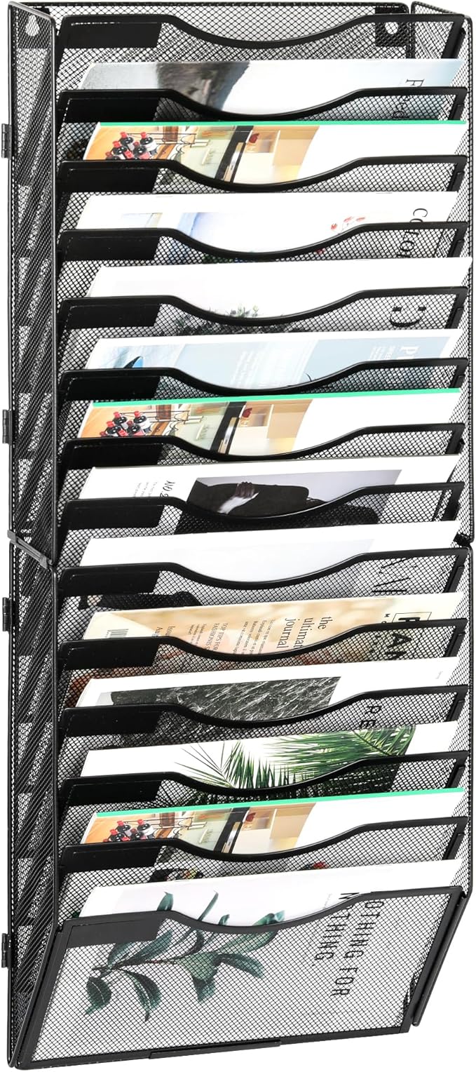 EasyPAG 14 Pocket Wall File Organizer, Black | Metal Mesh Wall Mounted File Holder | Assembly Hanging Mail Organizer | Replaceable Classify Labels | Office Home Letter Size Paper Storage