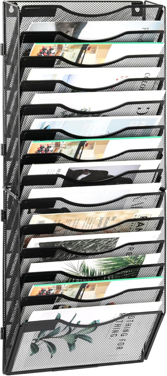 EasyPAG 14 Pocket Wall File Organizer, Black | Metal Mesh Wall Mounted File Holder | Assembly Hanging Mail Organizer | Replaceable Classify Labels | Office Home Letter Size Paper Storage