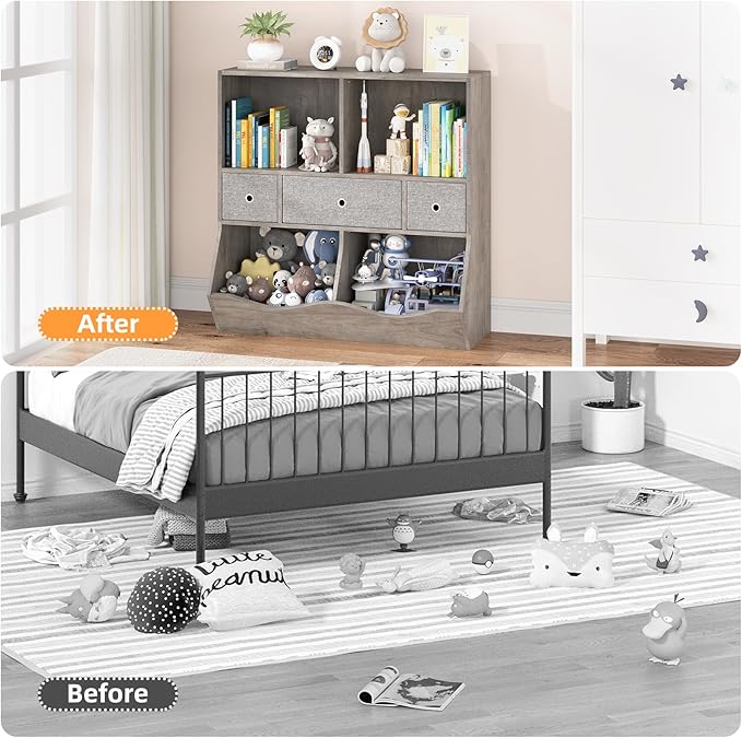 IDEALHOUSE 7-Cubby Large Kids Toy Storage Organizer, Children Wood Bookcase and Bookshelf, 3-Tier Toy Storage Cabinet with 3 Drawers for Hallway, Playroom, Living Room, School, 2 Set Gray