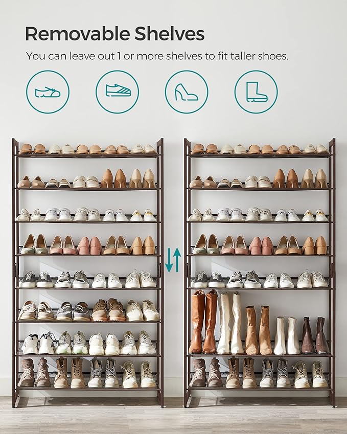 SONGMICS Shoe Rack, 8-Tier Shoe Organizer, Metal Rack for Garage, Set of 2, 4-Tier Stackable Shelf, with Adjustable Flat or Angled Shelves, 32-40 Pairs, Bronze ULMR08A-NeatNest