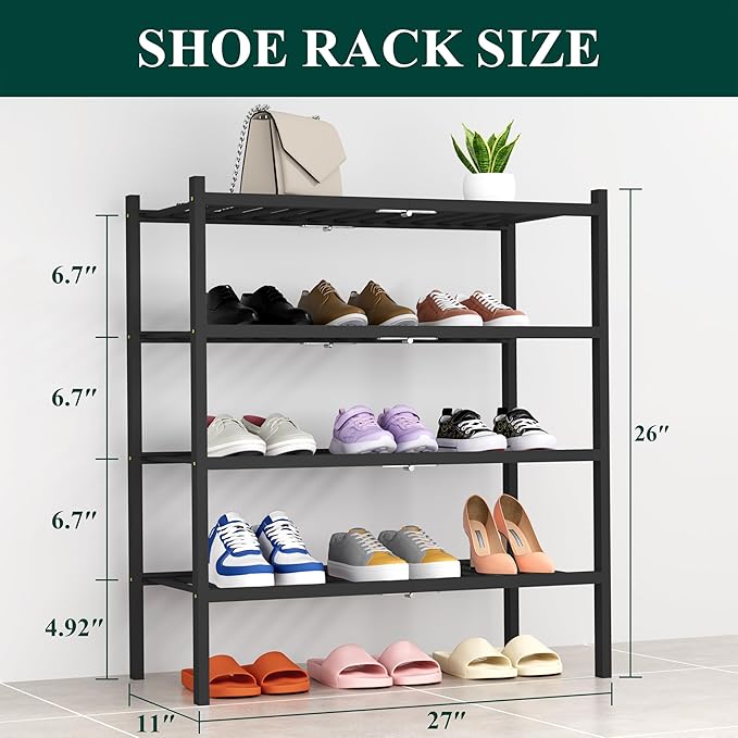 Smiry Shoe Rack, 4 Tier Thick Bamboo Shoe Organizer, Stackable Free Standing Wooden Shoe Storage Shelf for Closet, Entryway, Front Door Entrance, Black-NeatNest