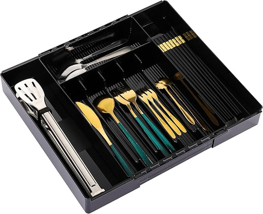 IEEK Silverware Organizer for Kitchen Drawers,Expandable Utensil Tray, Adjustable Cutlery and Flatware Holder,Plastic Drawer Dividers For Spoon Forks Knives Chopsticks Storage,Black-M-NeatNest