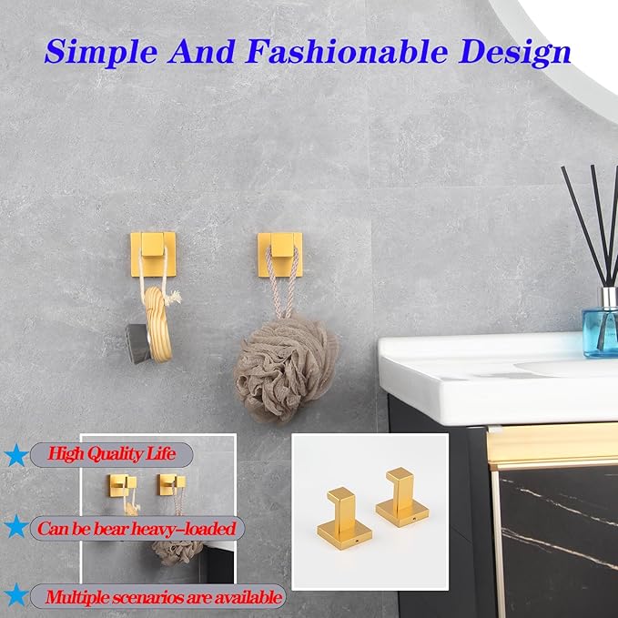 GERZWY Towel Hook Wall Mounted Robe Hook Heavy Duty Coat Hook Luxury Hooks for Bathroom 2 Pack Gold Stainless Steel FG1607-2BE