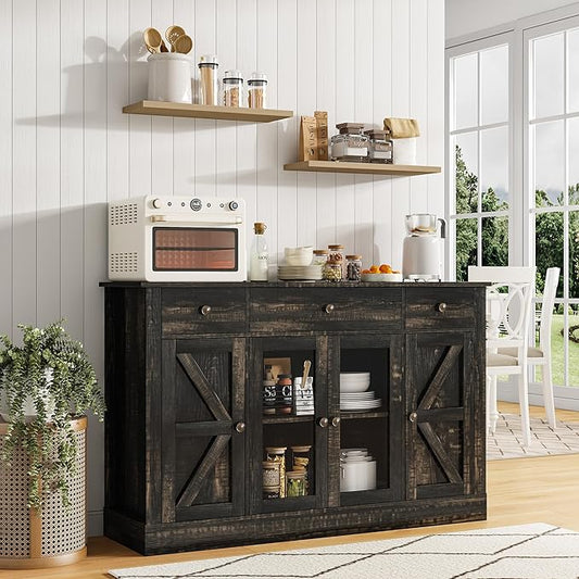 4 EVER WINNER Farmhouse Coffee Bar Cabinet, 55" Buffet Cabinet with Storage, Buffets & Sideboards with Drawers and Glass Doors for Kitchen, Living Room, Rustic Oak-NeatNest