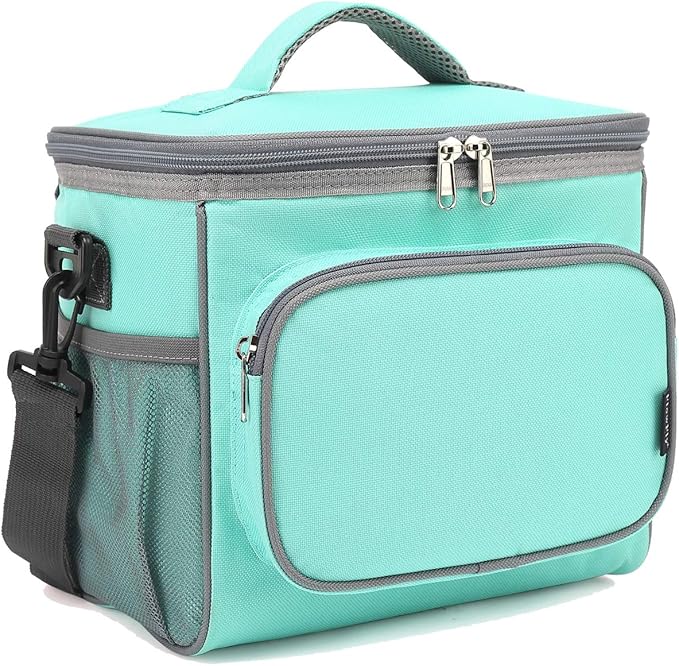 FlowFly Insulated Reusable Lunch Bag Adult Large Lunch Box for Women and Men with Adjustable Shoulder Strap,Front Zipper Pocket and Dual Large Mesh Side Pockets,Jade-NeatNest
