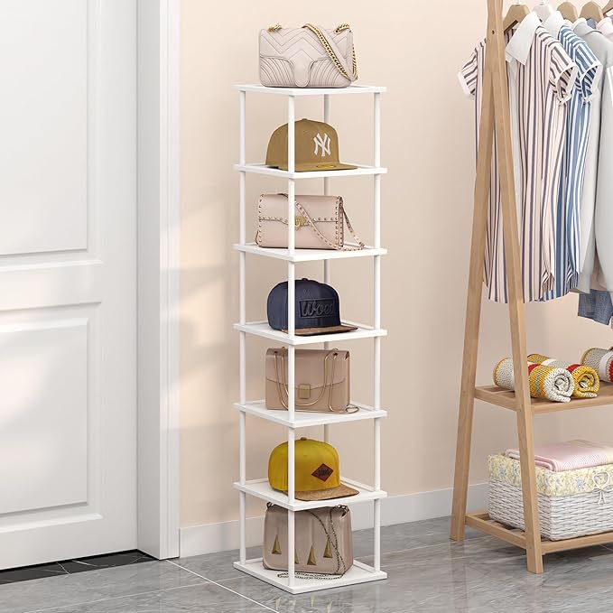 Vertical Tall Shoe Rack Organizer for Entryway -7 Tier Free Standing Slim Narrow Bamboo Wood Corner Stackable Shoe Boots Storage Stand Small Spaces for Closet Garage Cloakroom Living Room (White)-NeatNest