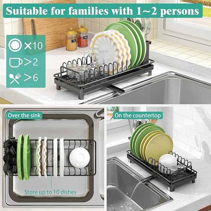 Giwil Small Dish Drying Rack, Compact Dish Rack with Drainboard for Kitchen Counter, Multifunctional Rustproof Dish Drainer Plate Organizer Used Over Sink & on Countertop, Black