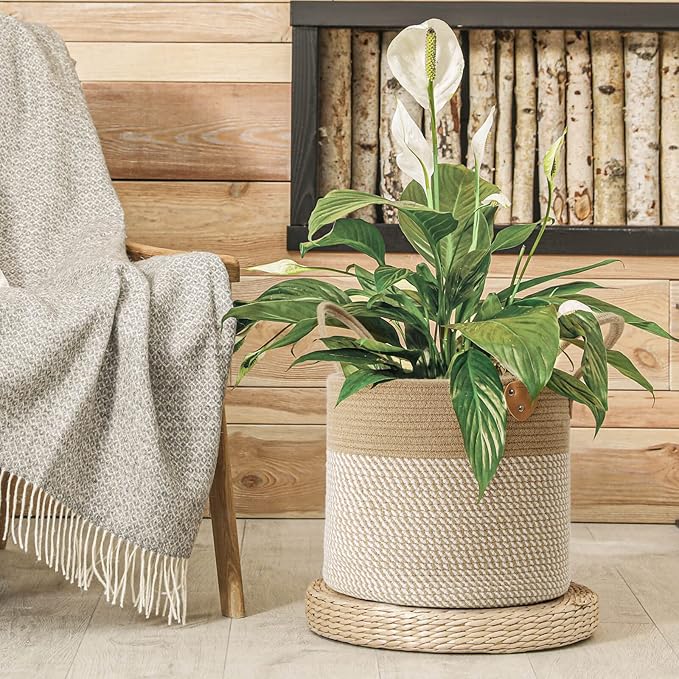 CHICVITA Large Wicker Jute Woven Storage Basket with Handles – Blanket Laundry Basket for Toys Towels Home Decor, White, 14" x 14" x 12"-NeatNest