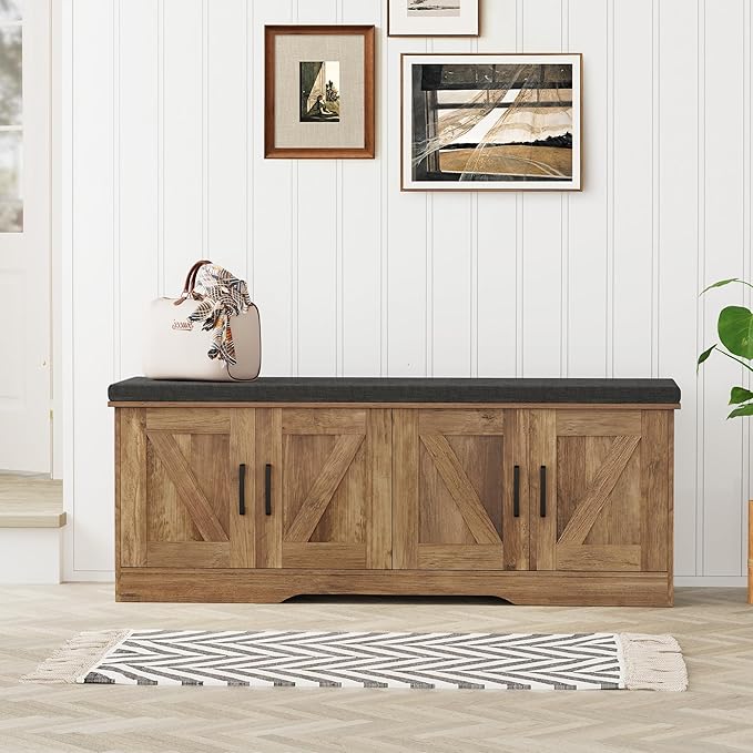 2-Tier Storage Bench, Shoe Bench with Padded Seat Cushion, Entryway Bench with 4 Barn Doors, Adjustable Shelf, 13.8" D x 47.2" W x 17.7" H, for Entryway, Living Room, Bedroom, Rustic Walnut-NeatNest