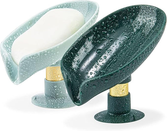 2 Pack Soap Holder, Self Draining Soap Dish Holder, Not Punched Easy Clean Bar Soap Holder, with Suction Cup Soap Dish Suitable for Shower, Bathroom, Kitchen Sink (Dark + Light Green)-NeatNest