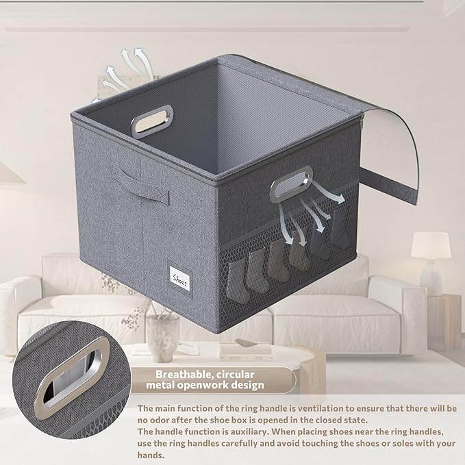 2 Pack Shoe Organizer for Closet Large Shoe Box Storage Containers with Clear Window Space Saving Shoe Bin with Foldable Bottom Support Adjustable Dividers Fits 32 Pairs (Grey, (16.5*16.5*13in)*2)-NeatNest