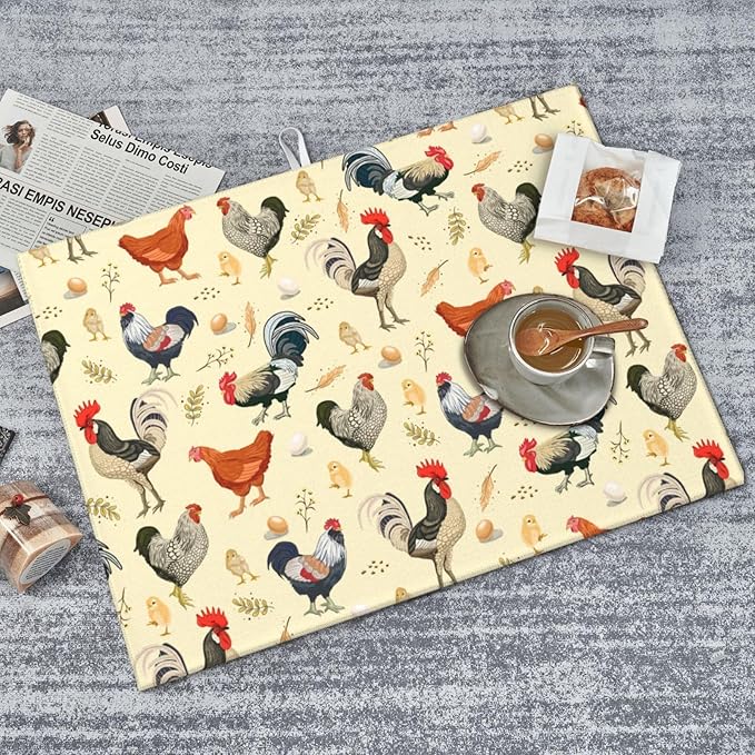 Chicken Dish Drying Mat for Kitchen Counter Cute Kitchen Mat Microfiber Kitchen Countertop Absorbent Reversible Drainer Rack Pad Dish Drying Mat 18 x 24 Inch-NeatNest