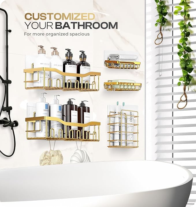 Luxury Style 5 Pack Stainless Steel Adhesive Shower Caddy Set - Rustproof Bathroom Organizer with Large Capacity Storage| No Drilling Shelves Shower Caddy Organizer | Bathroom Decor (Luxury Gold)