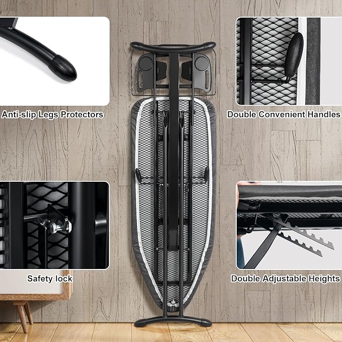 Duwee 17"x46" Ironing Board Full Size,Deluxe Ironing Board with Steam Iron Rest,Heat Resistant Cover and Thicken Felt Pad, Adjustable Height,Heavy Sturdy Legs,Black