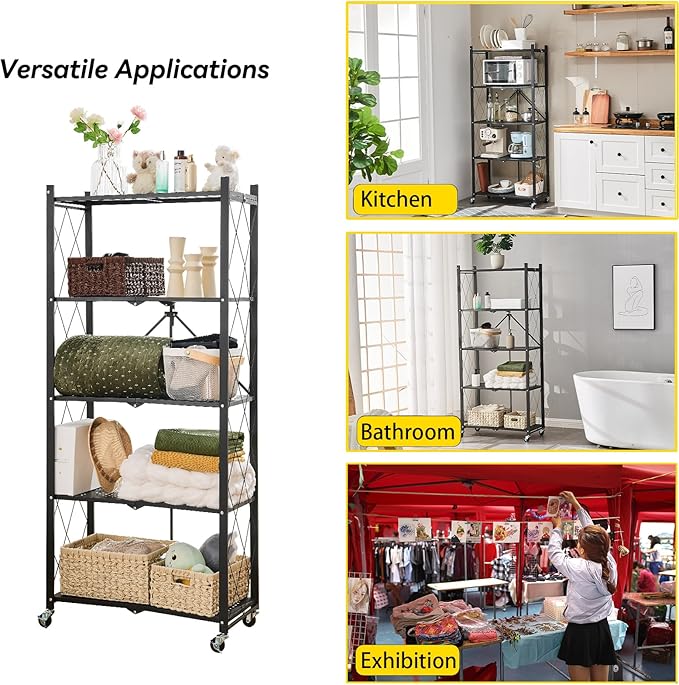 BRIAN & DANY 5-Tier Foldable Storage Shelves with Wheels, Folding Metal Rack Shelving Unit, Heavy Duty No Assembly Organizer Shelf for Garage, Kitchen, Basement, Pantry, Black-NeatNest