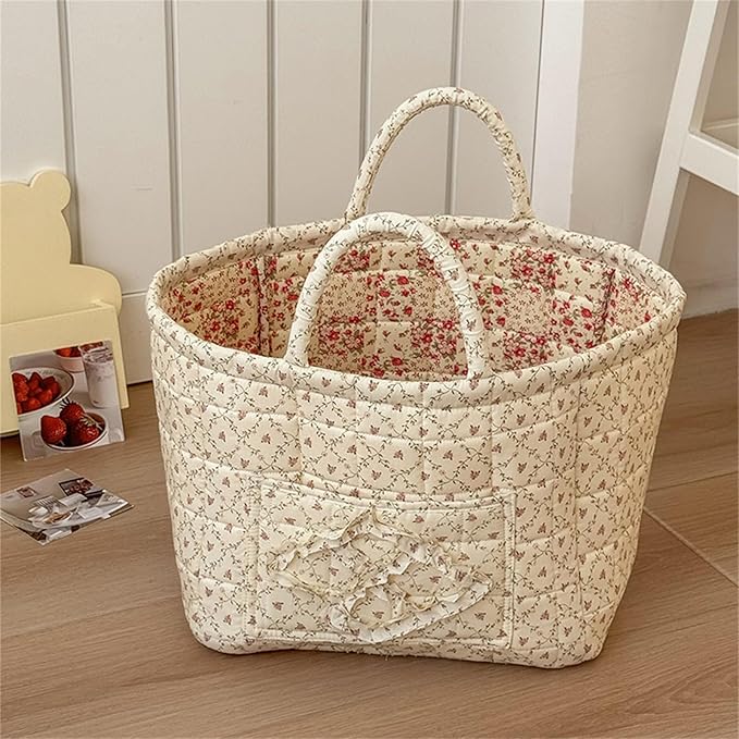 Boho Fabric Storage Basket Quilted Floral Print Baskets Organizer Bin with Handles for Home, Picnic, Shopping (Yellow, L)-NeatNest