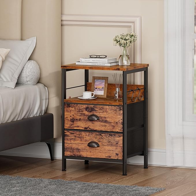 Furologee Nightstands Set 2, Bedside Table with 2 Fabric Drawers, End Table with Hooks and Shelf, Side Table for Bedroom/Living Room/Study/Hallway/Brown