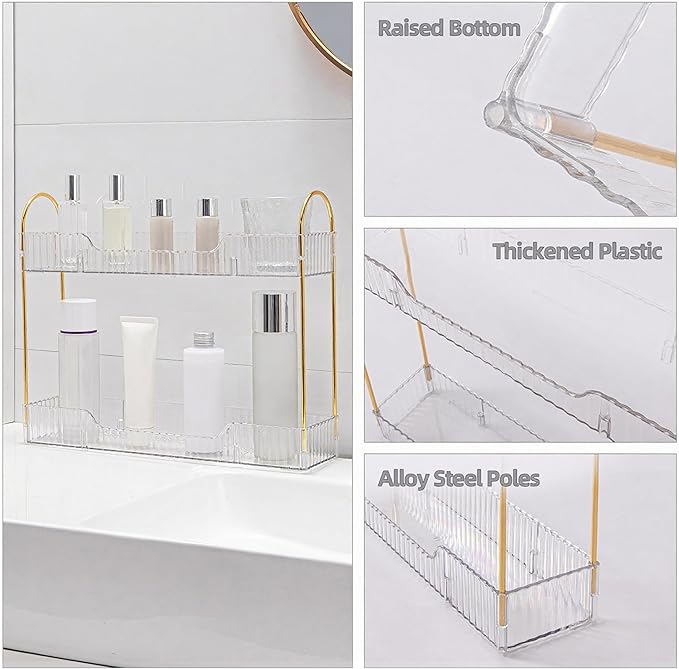 YCIA&DONE 2 Tiers Narrow Vanity Makeup Organizer, Bathroom Organizer Countertop Slim, Perfume Holder Skincare Storage Cosmetic Shelf Spice Rack, for Small Desktop Space, White Clear-NeatNest