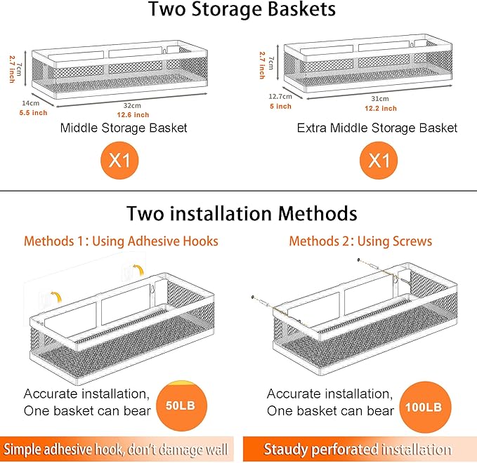 PUSDON Hanging Storage Baskets Organizer Wall Mount, Metal Wire Storage Bin Rack for Kitchen Bathroom Shower Spice Shelf Home Decor Essentials Black-2 Packs (Netting)-NeatNest