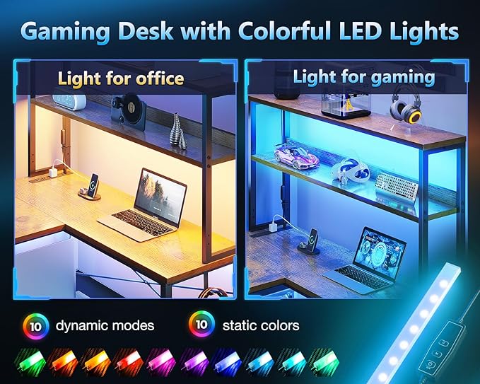 Casaottima Gaming Desk with Power Outlets & LED Lights, 53 Inch Reversible L Shaped Computer Desk with Shelves & Storage Bag, Corner Desk for Home Office, Vintage-NeatNest