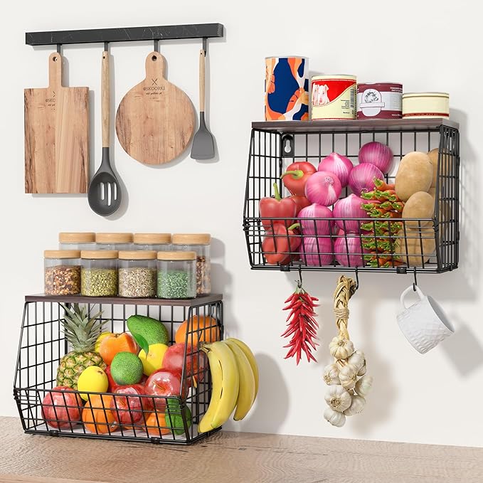2 Tier Fruit Bowl Fruit Basket for Kitchen Counter Stackable Wall Mounted Hanging Basket Wire Baskets with Wood Lid with 4 Banana Hanger Hooks, Onion Basket, Fruit and Vegetable Storage